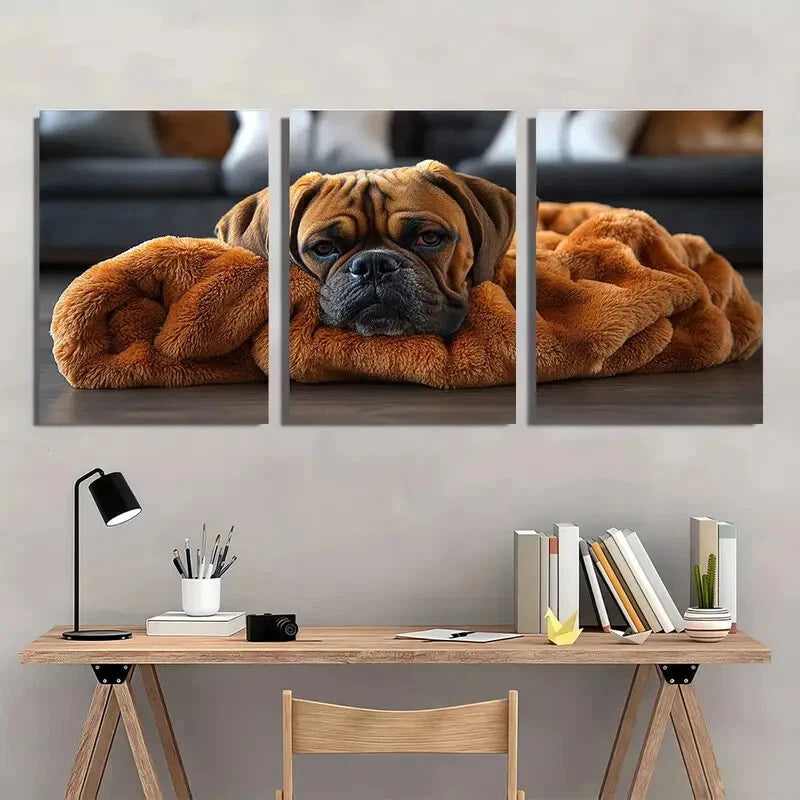 3pcs Cute Boxer Dog in Cozy Blanket Metal Print Ready to Hang Art - Bella Home Decor