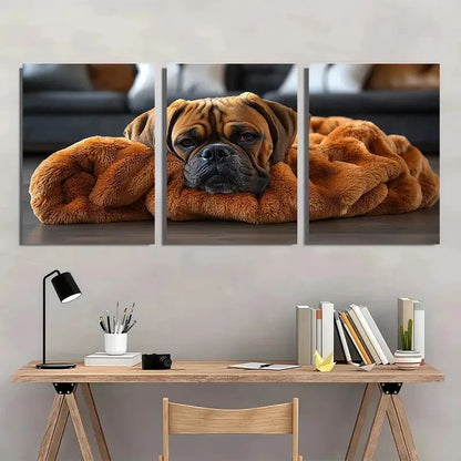 3pcs Cute Boxer Dog in Cozy Blanket Metal Print Ready to Hang Art - Bella Home Decor