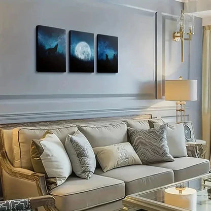 3pcs Wolf Howling at the Moon Blue Tones Night Wall Art Canvas Unframed - High Quality Print 100% Australian Made Wall Canvas