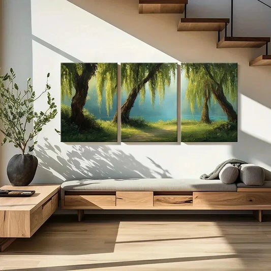 3pcs Artistic Willow Trees Serene Lake View Metal Print Ready to Hang Art