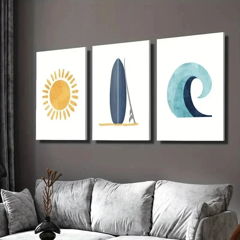 3pcs Sunshine Doodle Blue Surfboard & Wave Wall Art Set Canvas Framed 40x60cm - High Quality Print 100% Australian Made Wall Canvas Ready to Hang