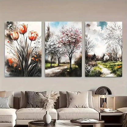 3pcs Cherry Blossom Gentle Tulip Watercolor Floral Metal Print Ready to Hang Art - Bella Home Decor