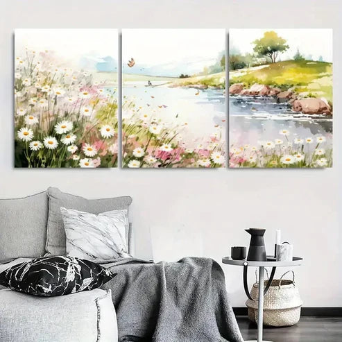 3pcs Serene Daisy Lakeside Meadow Wall Art Canvas Unframed - High Quality Print 100% Australian Made Wall Canvas