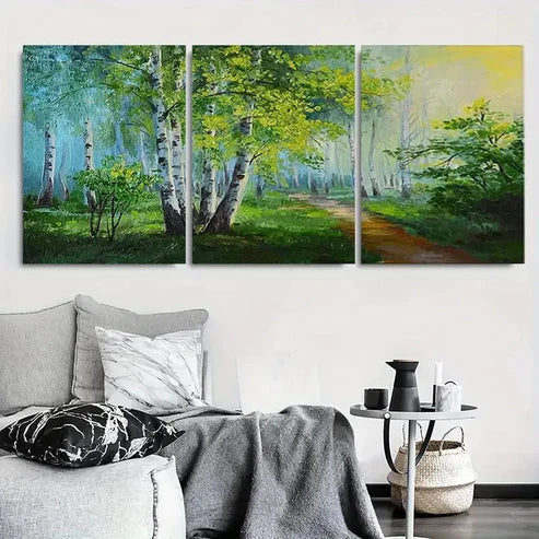 3pcs Tranquil Birch Forest Path Green Nature Wall Art Canvas Unframed - High Quality Print 100% Australian Made Wall Canvas