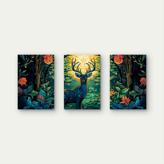 3pcs Enchanted Deer and Floral Forest Nature Wall Art Set Canvas Framed 40x60cm - High Quality Print 100% Australian Made Wall Canvas Ready to Hang