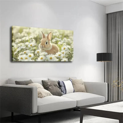 Charming Bunny & Daisy Field Wall Art Canvas Office Home Room Framed 120x60cm - Bella Home Decor
