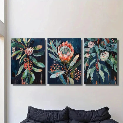 3pcs Blue Leaf Flower Painting Style Metal Print Ready to Hang Art