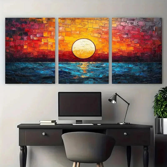 3pcs Vibrant Abstract Sunrise Mosaic Design Metal Print Ready to Hang Art