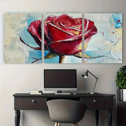 3pcs Red Rose Floral Abstract Impasto Design Metal Print Ready to Hang Art - Bella Home Decor
