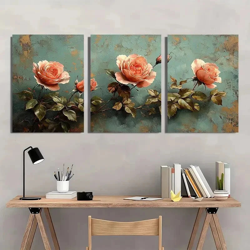 3pcs Featuring Pink Roses & Green Foliage Metal Print Ready to Hang Art - Bella Home Decor