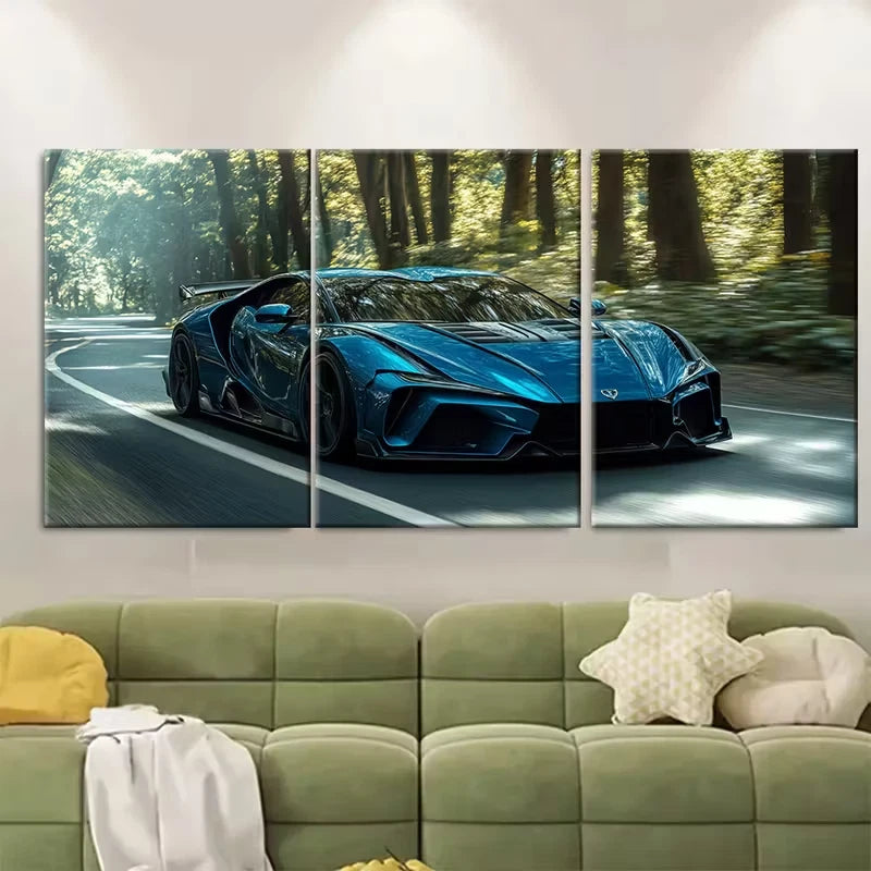 3pcs Two-Dimensional Racing Car Metal Print Ready to Hang Art