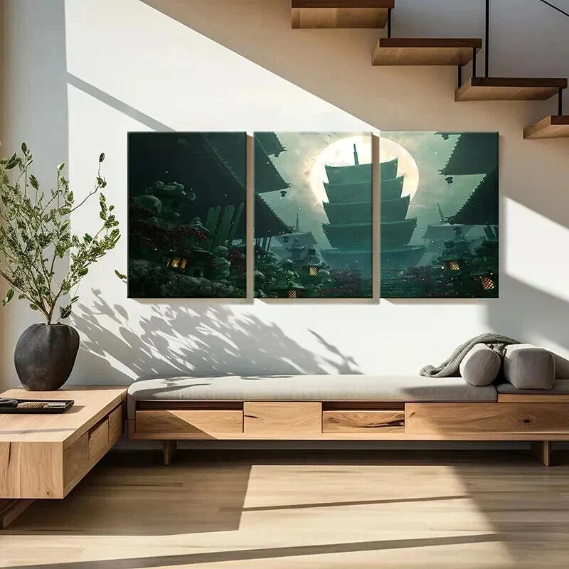 3pcs Japanese Style Shrine & Moon Landscape Wall Art Set Canvas Framed 40x60cm - High Quality Print 100% Australian Made Wall Canvas Ready to Hang - Bella Home Decor