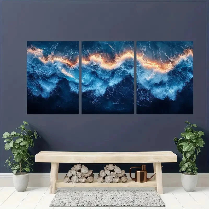 3pcs Extra Indigo Blue Tides Design Metal Print Ready to Hang Art