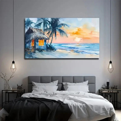 Colorful Beach Side Grass House Wall Art Canvas Office Home Room Framed 120x60cm