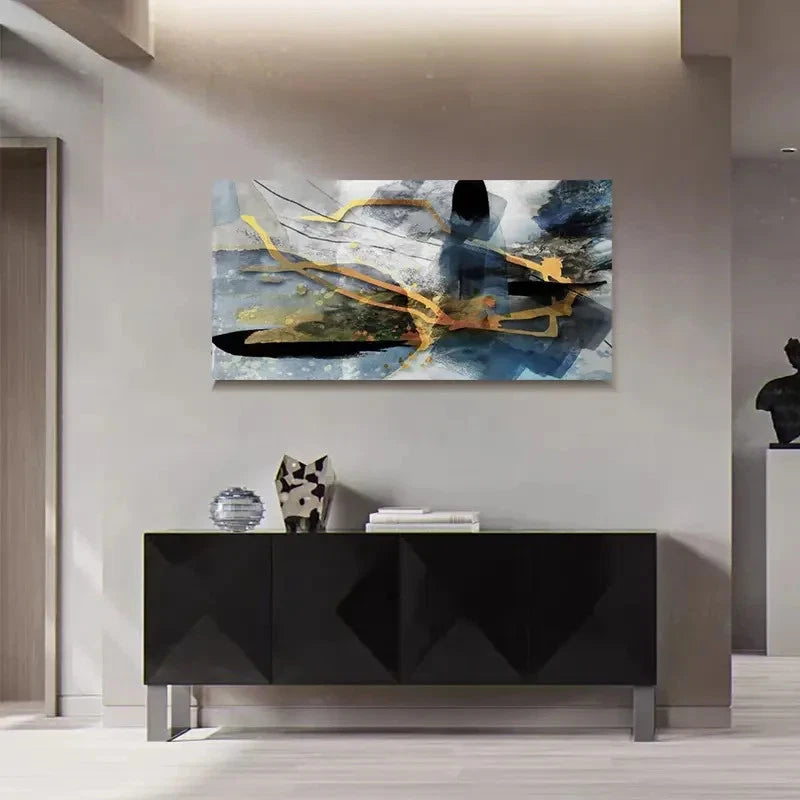 Blue Black & Golden Abstract Modern Wall Art Canvas Office Home Room Framed 120x60cm - Bella Home Decor
