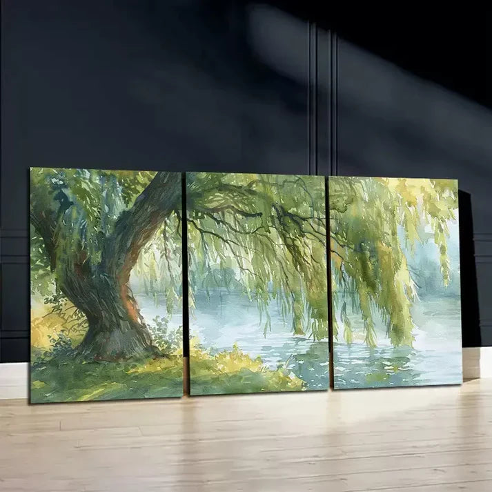 3pcs Willow Tree & Lake Oil Painting Wall Art Canvas Unframed - High Quality Print 100% Australian Made Wall Canvas