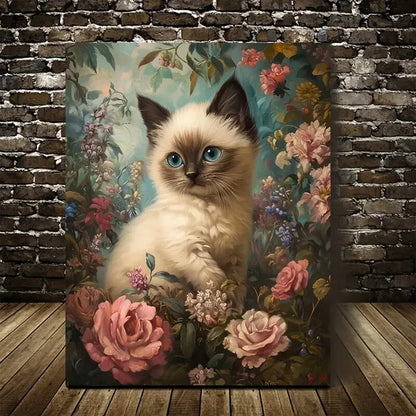 Featuring a Cute Siamese Kitten Among Flowers Painting 40x60cm Metal Print Ready to Hang - Bella Home Decor