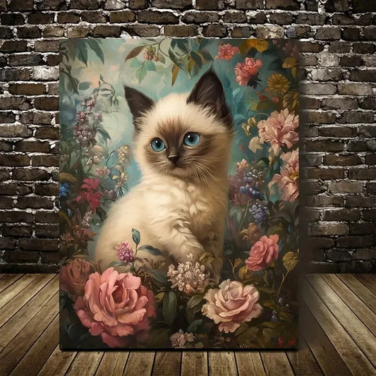 Featuring a Cute Siamese Kitten Among Flowers Painting 40x60cm Metal Print Ready to Hang - Bella Home Decor