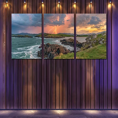3pcs Stormy Coastline Illustration Wall Art Set Canvas Framed 60x90cm - High Quality Print 100% Australian Made Wall Canvas Ready to Hang