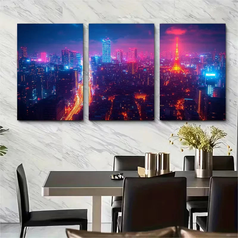 3pcs Vibrant Hamamatsucho Tokyo Skyline Metal Print Ready to Hang Art