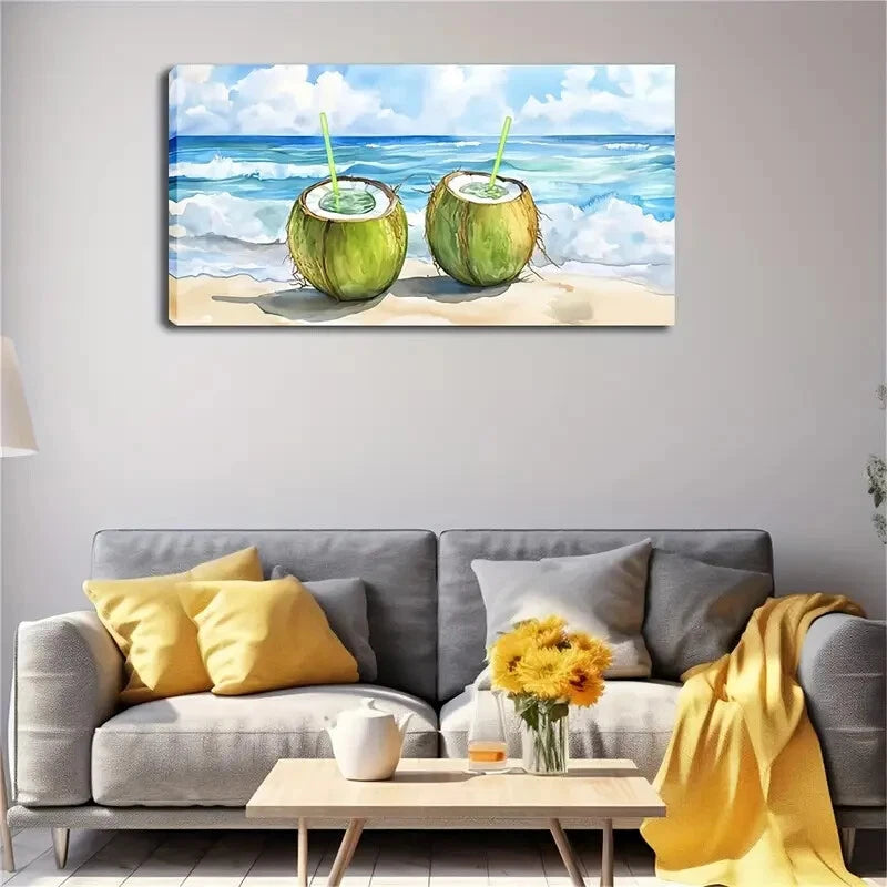 Two Cut Green Coconut Straw Wall Art Canvas Office Home Room Framed 120x60cm - Bella Home Decor