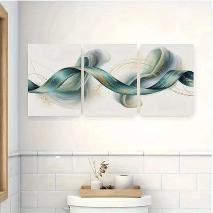 3pcs Teal Ribbon, Golden Accents Wall Art Set Canvas Framed 50x70cm - High Quality Print 100% Australian Made Wall Canvas Ready to Hang