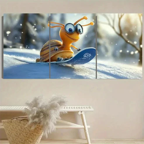 3pcs Whimsical Snowboarding Snail Wall Art Set Canvas Unframed - High Quality Print 100% Australian Made Wall Canvas - Bella Home Decor
