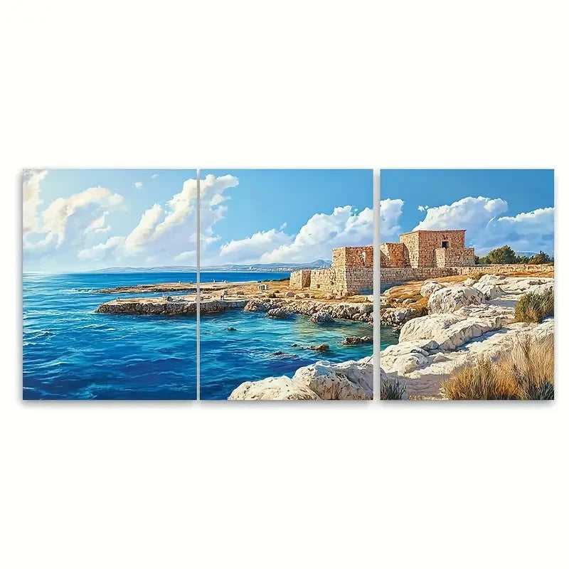 3pcs Paphos Travel Tombs of the Kings Design Wall Art Set Canvas Framed 60x90cm - High Quality Print 100% Australian Made Wall Canvas Ready to Hang