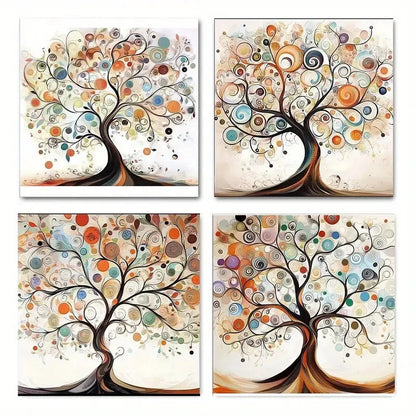 4pcs Vibrant Love Tree With Colorful Orbs & Swir  Wall Art Canvas Framed