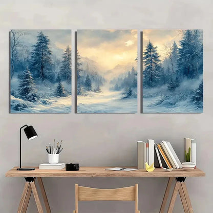 3pcs Snowy Evergreen Trees Misty Landscape Wall Art Set Canvas Framed 60x90cm - High Quality Print 100% Australian Made Wall Canvas Ready to Hang - Bella Home Decor
