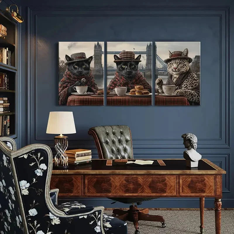 3pcs Fashionable Cats with London Bridge Metal Print Ready to Hang Art - Bella Home Decor