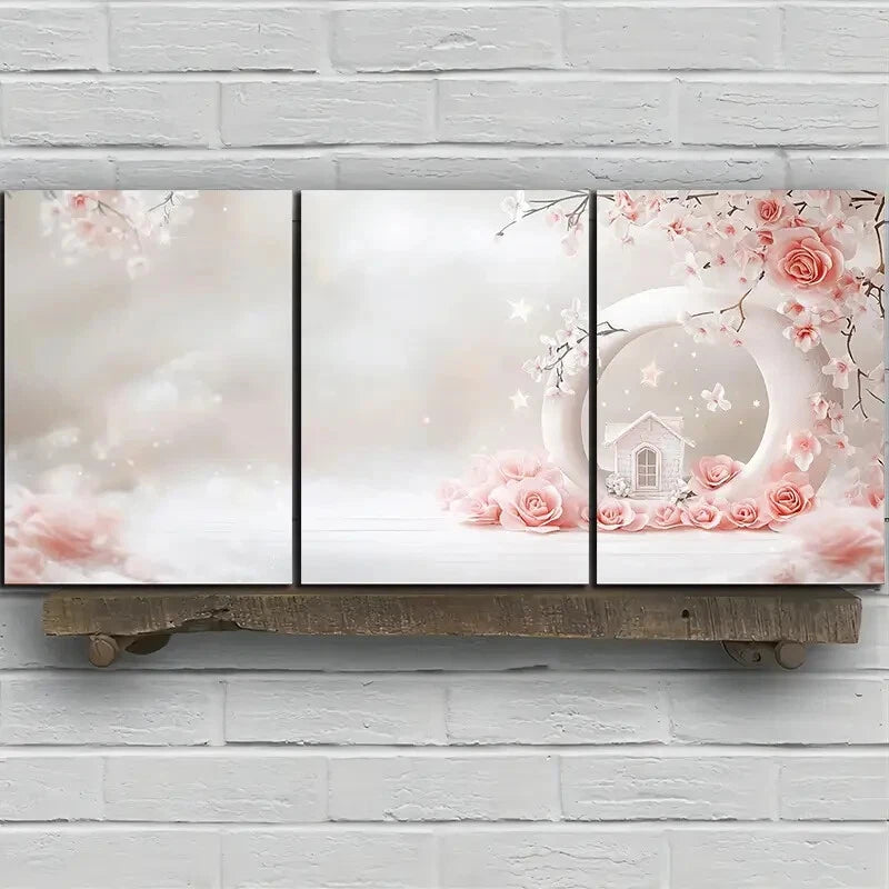 3pcs A House in The Snow Pink Roses Metal Print Ready to Hang Art - Bella Home Decor