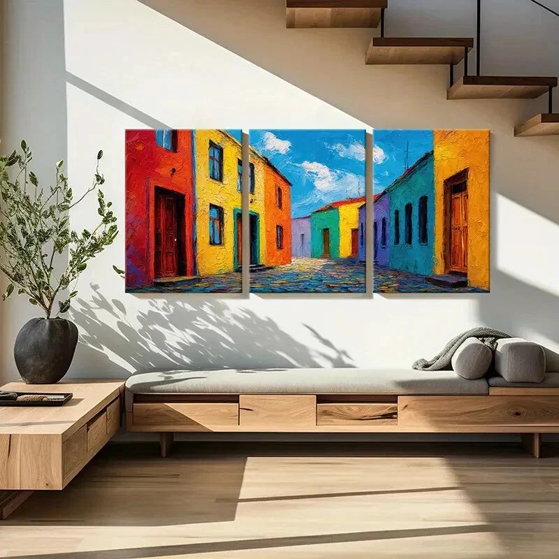 3pcs Vibrant Street Scene Colorful Houses Metal Print Ready to Hang Art - Bella Home Decor