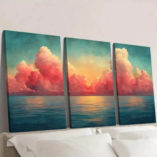 3pcs Colorful Sunset Sky Panoramic G Wall Art Set Canvas Framed 50x70cm - High Quality Print 100% Australian Made Wall Canvas Ready to Hang