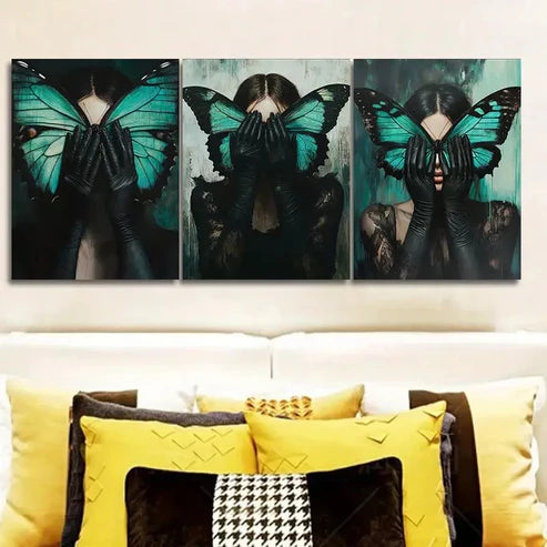 3pcs The Woman with the Green Butterfly Wall Art Set Canvas Unframed - High Quality Print 100% Australian Made Wall Canvas