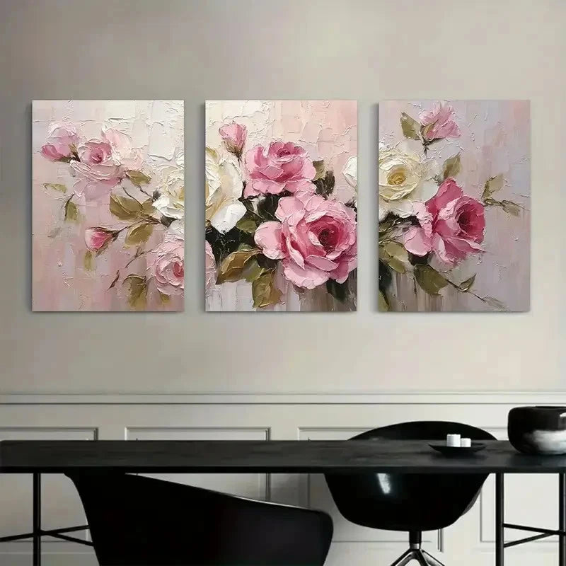 3pcs Elegant Oil Painting of Blooming Roses Metal Print Ready to Hang Art - Bella Home Decor