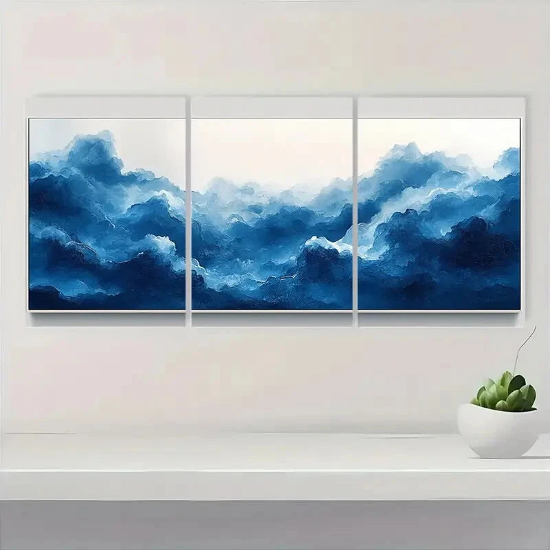 3pcs Vintage Abstract Navy Blue Cloud Sky Metal Print Ready to Hang Art - Bella Home Decor