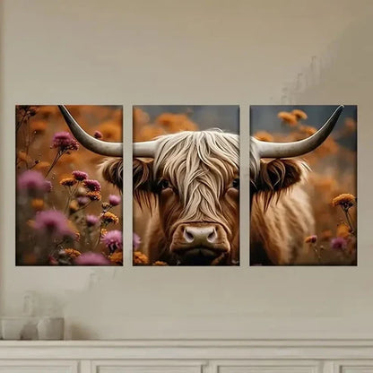 3pcs Long Haired Cow with Long Horns Standing Wall Art Set Canvas Unframed - High Quality Print 100% Australian Made Wall Canvas - Bella Home Decor