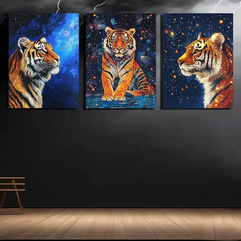 3pcs Starry Night Animal Trio Tiger Metal Print Ready to Hang Art - Bella Home Decor