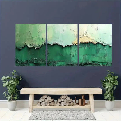3pcs Minimalist Abstract Green & White Textured Metal Print Ready to Hang Art - Bella Home Decor