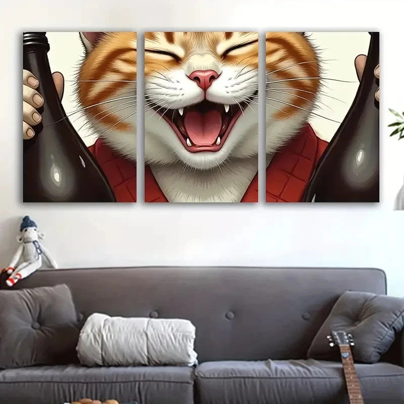 3pcs Kimono Cat with Wine Bottle Metal Print Ready to Hang Art