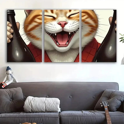 3pcs Kimono Cat with Wine Bottle Metal Print Ready to Hang Art