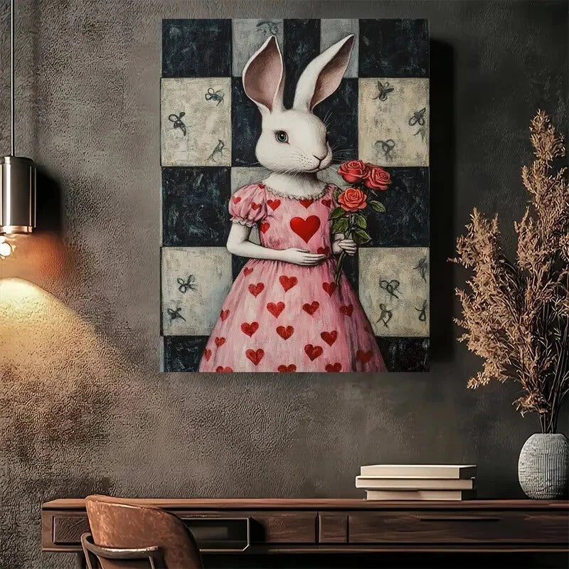 Beautiful Whimsical Rabbit with Red Roses Painting 40x60cm Metal Print Ready to Hang - Bella Home Decor