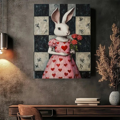 Beautiful Whimsical Rabbit with Red Roses Painting 40x60cm Metal Print Ready to Hang - Bella Home Decor