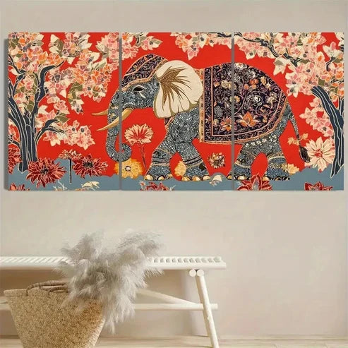3pcs Traditional Blue & Golden, Floral Elephant Wall Art Set Canvas Unframed - High Quality Print 100% Australian Made Wall Canvas