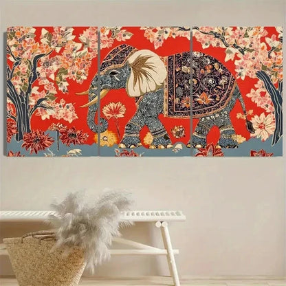 3pcs Traditional Blue & Golden, Floral Elephant Wall Art Set Canvas Unframed - High Quality Print 100% Australian Made Wall Canvas