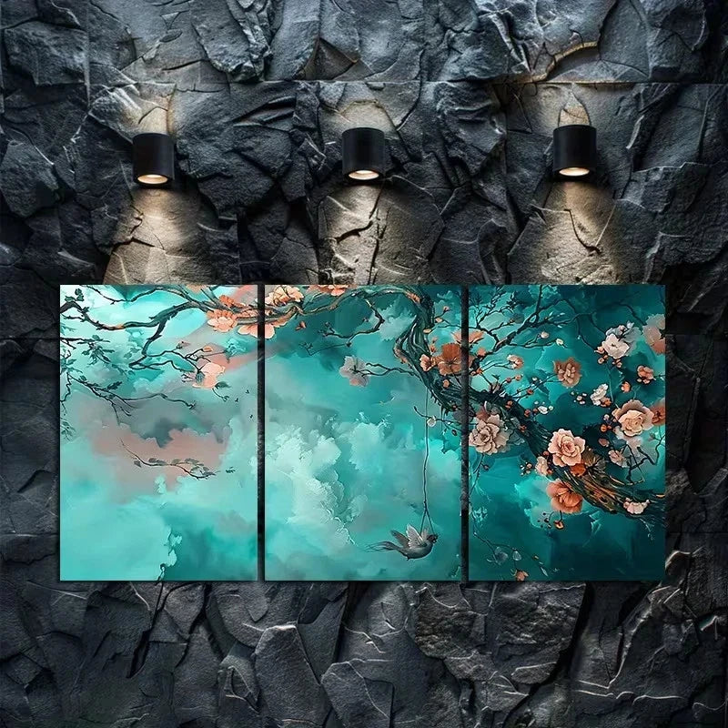 3pcs Cherry Blossom Featuring a Bird on a Swing Metal Print Ready to Hang Art - Bella Home Decor