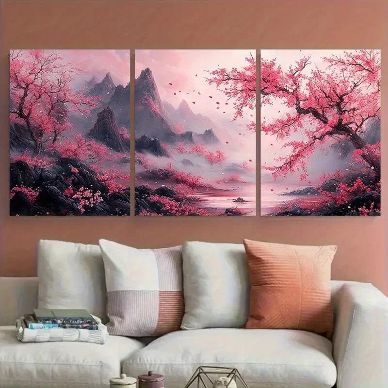 3pcs Japanese Illustration Cherry blossom Pink Metal Print Ready to Hang Art - Bella Home Decor