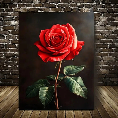 Stunning Red Rose Dark Background with Green Painting 40x60cm Metal Print Ready to Hang - Bella Home Decor