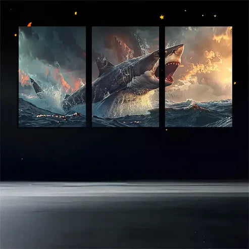 3pcs Large Shark Swimming Over  Art Canvas Unframed - High Quality Print 100% Australian Made Wall Canvas